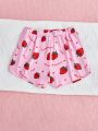 SHEIN Kids QTFun Girls' Knitted Letter Cute Strawberry Pattern Casual Shorts