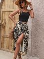 Solid Color Casual Tank Top & Printed Slit Skirt Set