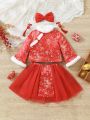 SHEIN Baby Girls' Chinese Style Long Sleeve Fleece Jacket And Mesh Patchwork Skirt Set   Hanfu / Han-style clothing