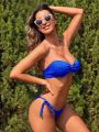 SHEIN Swim SXY Textured Bikini Set Ring Linked Bandeau Bra & Tie Side Cheeky Bottom 2 Piece Bathing Suit