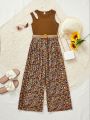 SHEIN Kids SUNSHNE 2pcs/Set Teenage Girls' Printed Vest And Wide Leg Pants For Vacation