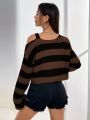 Striped Pattern Asymmetrical Neck Drop Shoulder Sweater