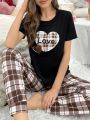 Heart Print Short Sleeve T-Shirt And Plaid Pants Homewear