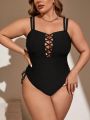 SHEIN Swim Basics Plus Size Crossed Drawstring Cami Strap One-Piece Swimsuit