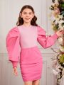 SHEIN Kids CHARMNG Teen Girls' Knitted Stand Collar Top With Woven Bubble Sleeves & Knitted Solid Color Skirt Set