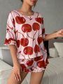 Cherry Print Drop Shoulder Ruffle Trim PJ Set