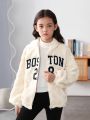 SHEIN Tween Girl Letter Embroidery Drop Shoulder Zipper Teddy Jacket