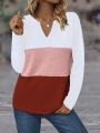 Color Block Notched Neckline Long Sleeve T-Shirt