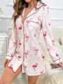 Flamingo Print Contrast Piping Nightdress