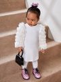 SHEIN Baby Girls' Casual Knitted Splicing Fringed Slim Long Sleeve Dress