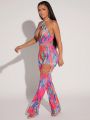 Asavvy Allover Print Crisscross Backless Halter Top & Flare Leg Pants