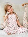 SHEIN Tween Girl Polka Dot Print Lettuce Trim Tee & Pants PJ Set