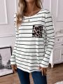SHEIN LUNE Striped & Leopard Print Patched Pocket Tee