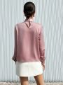 SHEIN Privé Solid Color Stand Collar Pleated Long Sleeve Shirt
