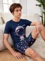 Teenage Boys' Fun Astronaut Pattern Short Sleeve T-Shirt And Shorts 2pcs Homewear Set