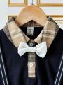 SHEIN Kids FANZEY Young Boy's Elegant Colorblock Polo Shirt, Shorts, Bow Tie Gentleman Suit Set