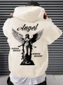 Extended Sizes Men Plus Slogan & Angel Print Kangaroo Pocket Drawstring Hoodie