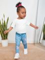 SHEIN Baby Girls' Casual Elastic Waist Denim Effect Long Pants