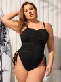 SHEIN Swim Basics Plus Size Women's One-Piece Swimsuit With Pleats And Spaghetti Straps