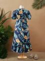 Young Girl Tropical Plant Printed V-Neck Short Sleeve Midi Dress Family Matching Outfits (5 Pieces Sold Separately)