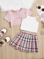 SHEIN Baby Girls' Casual Pink Short Sleeve T-shirt, Tank Top, Plaid Ruffle Skirt 3pcs Outfits