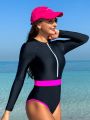 SHEIN Swim SPRTY Women's Color Block One Piece Swimsuit With Zipper Front Closure, Raglan Long Sleeve