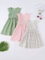 SHEIN Kids EVRYDAY Toddler Girls' 3pcs/Set Casual Cute & Comfortable Ruffle Hem Decorated Dress For Summer