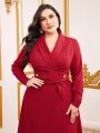 SHEIN Modely Plus Size Women'S Shawl Collar Long Sleeve Dress