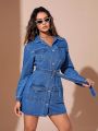 SHEIN BAE Women's Belted Denim Shirt Dress