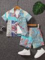 SHEIN Kids SUNSHNE 2pcs/set Toddler Boys' Casual Shirt And Shorts, Cute Sporty Vacation Streetwear For Spring & Summer