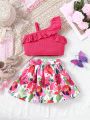 SHEIN Kids CHARMNG Little Girl's Romantic Ladylike Irregular Shoulder Ruffled Top With Floral Print Belt And Skirt Two-Piece Set Spring And Summer Style