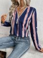 SHEIN LUNE Striped Zipper V-neck Rolled Sleeve Shirt