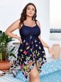 SHEIN Swim Classy Plus Size Butterfly Print Asymmetric Hem Cami Bikini Set