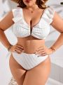 SHEIN Swim Vcay Plus Size Bikini Set With V-Shaped Metal Decoration, Ruffle Hem Detail