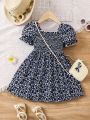 SHEIN Kids SUNSHNE Little Girls' Floral Print Puff Sleeve Dress