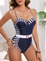 SHEIN Swim Vcay Women's Color Block One Piece Swimsuit With Spaghetti Straps