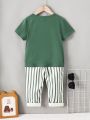 SHEIN Kids EVRYDAY Toddler Boys' Simple College Style Short Sleeve T-Shirt And Striped Pants Set For Summer