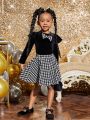 SHEIN Kids Cooltwn Girls' Fashionable Knitted Round Neck Short Sleeve Top And Plaid Skirt For Going Out