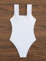 SHEIN Swim Chicsea Solid Color One-piece Swimsuit With Wide Shoulder Straps & Metallic Ring Detail