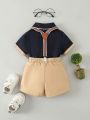 Baby Boy'S Bow Short-Sleeved Color-Blocked Shirt And Suspender Shorts Gentleman'S Suit