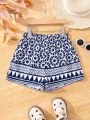 SHEIN Kids SUNSHNE Girls' Woven Geometric Pattern Loose Fit Casual Shorts, Spring/Summer