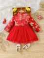 SHEIN SHEIN Baby Girls' Chinese Style Pattern Satin & Mesh Splice Long Sleeve new years HanFu Dress