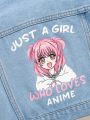 SHEIN Young Girl Cartoon Figure & Slogan Print Ripped Denim Jacket