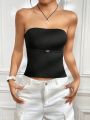 SHEIN EZwear Women's Summer Strapless Backless Crop Black Tops