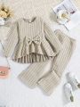 SHEIN Kids CHARMNG Toddler Girls' Long Sleeve Mock Neck Fleece Set With Stripes, Autumn And Winter New Arrivals