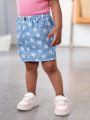 SHEIN Baby Girls' Casual Star Pattern Elastic Waist Half Skirt With Denim Look