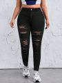 SHEIN ICON Plus Size Women's Black Distressed Skinny Pants