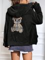 SHEIN Qutie Women's Cartoon Embroidered Plush Hooded Jacket