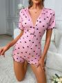 Heart Print Lettuce Trim Button Front Romper