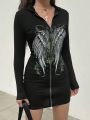 Women'S Wing Printed Zipper Front Hooded Dress